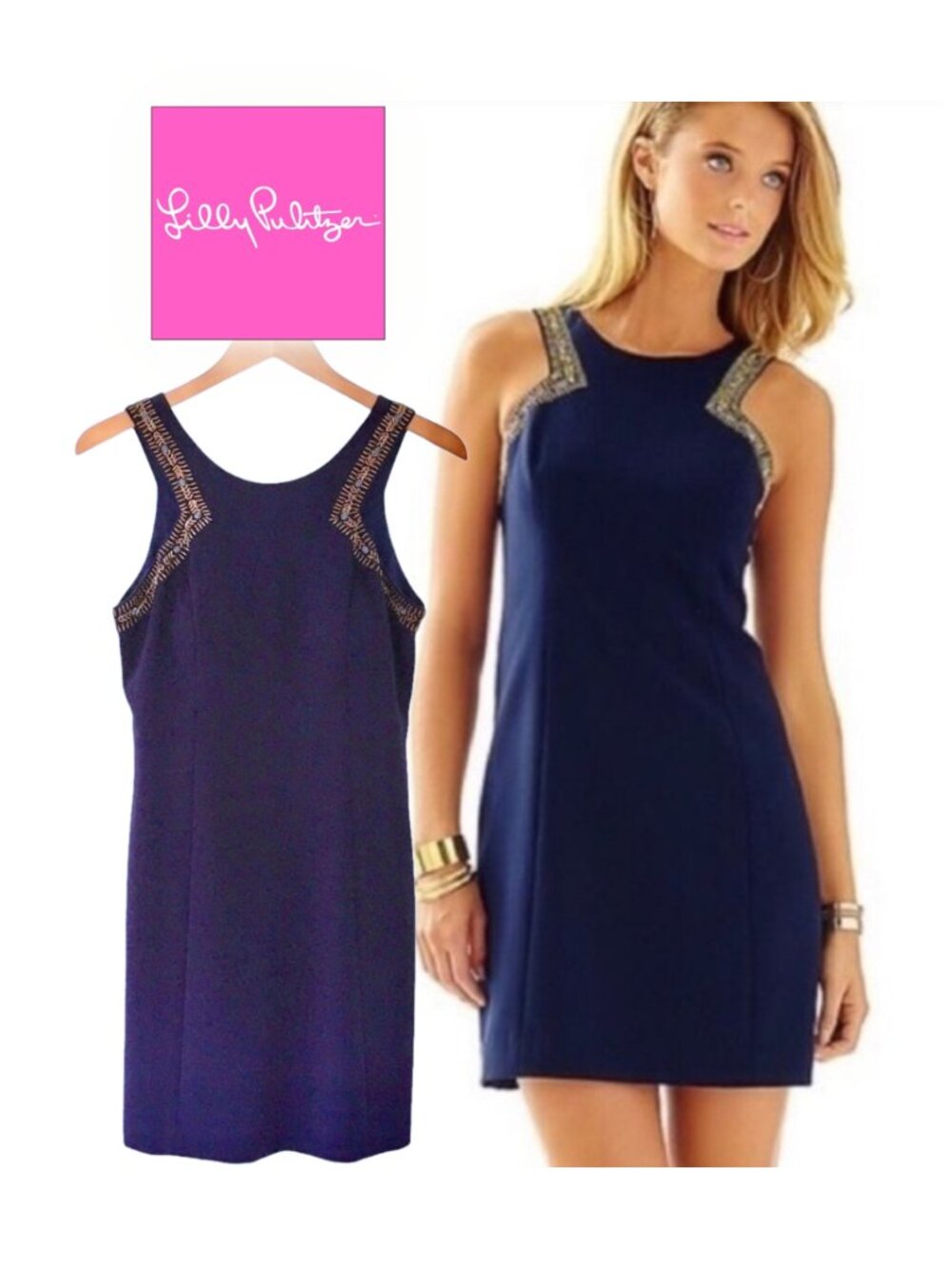 Lilly Pulitzer Sheath Dress with Grecian Vibes | Navy with Gold Beaded Trim | 6
